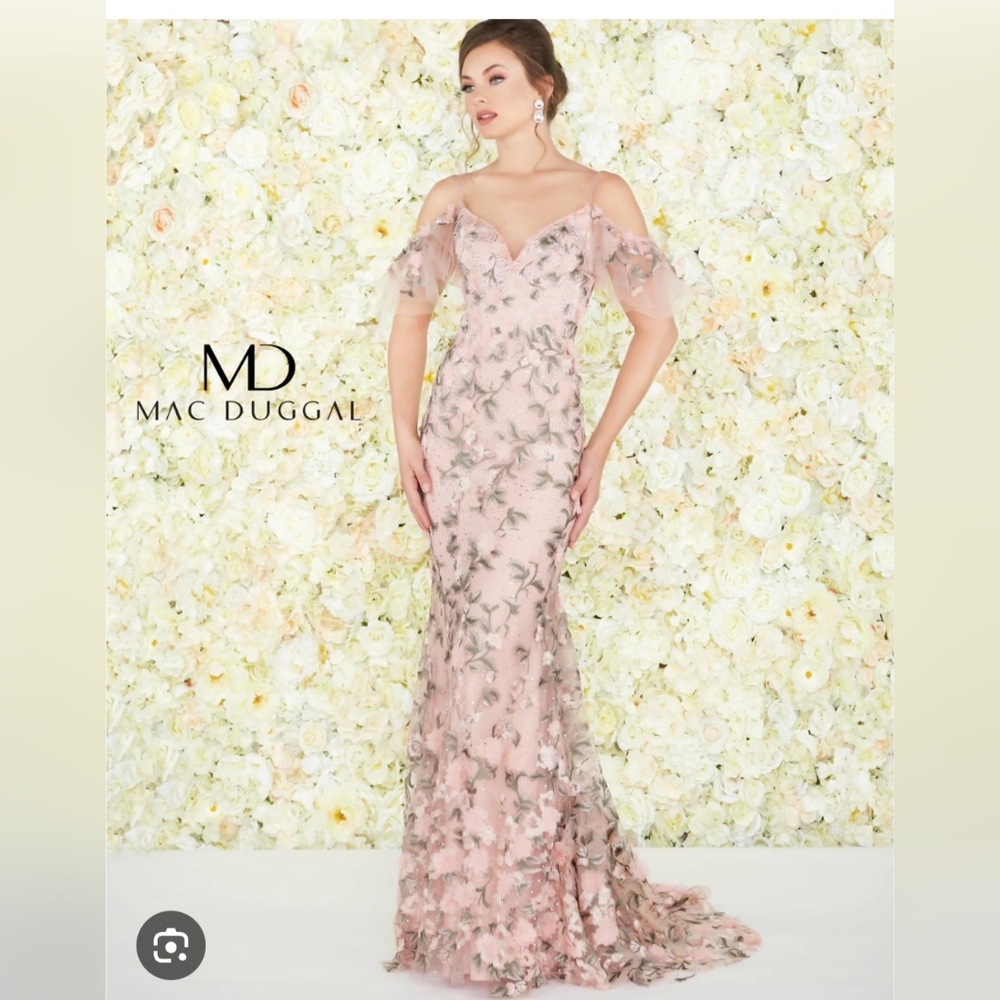 NWT Mac Duggal floral-embroidered rose-pink with crystal glass trumpet gown